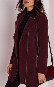 NEW- Missguided Faux-Wool Biker Burgundy Coat